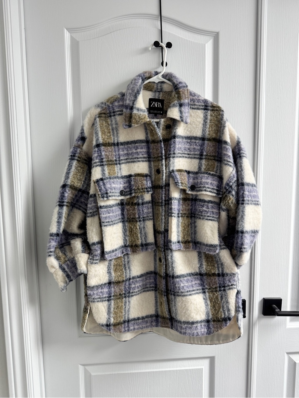 ZARA Soft Plaid Overshirt Jacket Cream Lavender Size Small